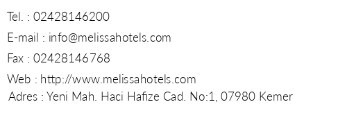 Melissa Residence & Spa Hotel telefon numaralar, faks, e-mail, posta adresi ve iletiim bilgileri